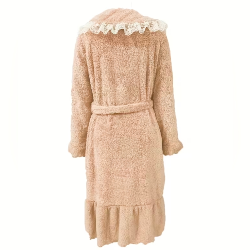 Cozy Tan Fleece Robe with Lace Trim Women's Plus Size XXL (Runs Small) - Picture 3 of 5